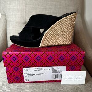 Tory Burch Bailey 110MM Wedge Mule Perfect Black Kid Suede size U.S. 9.5